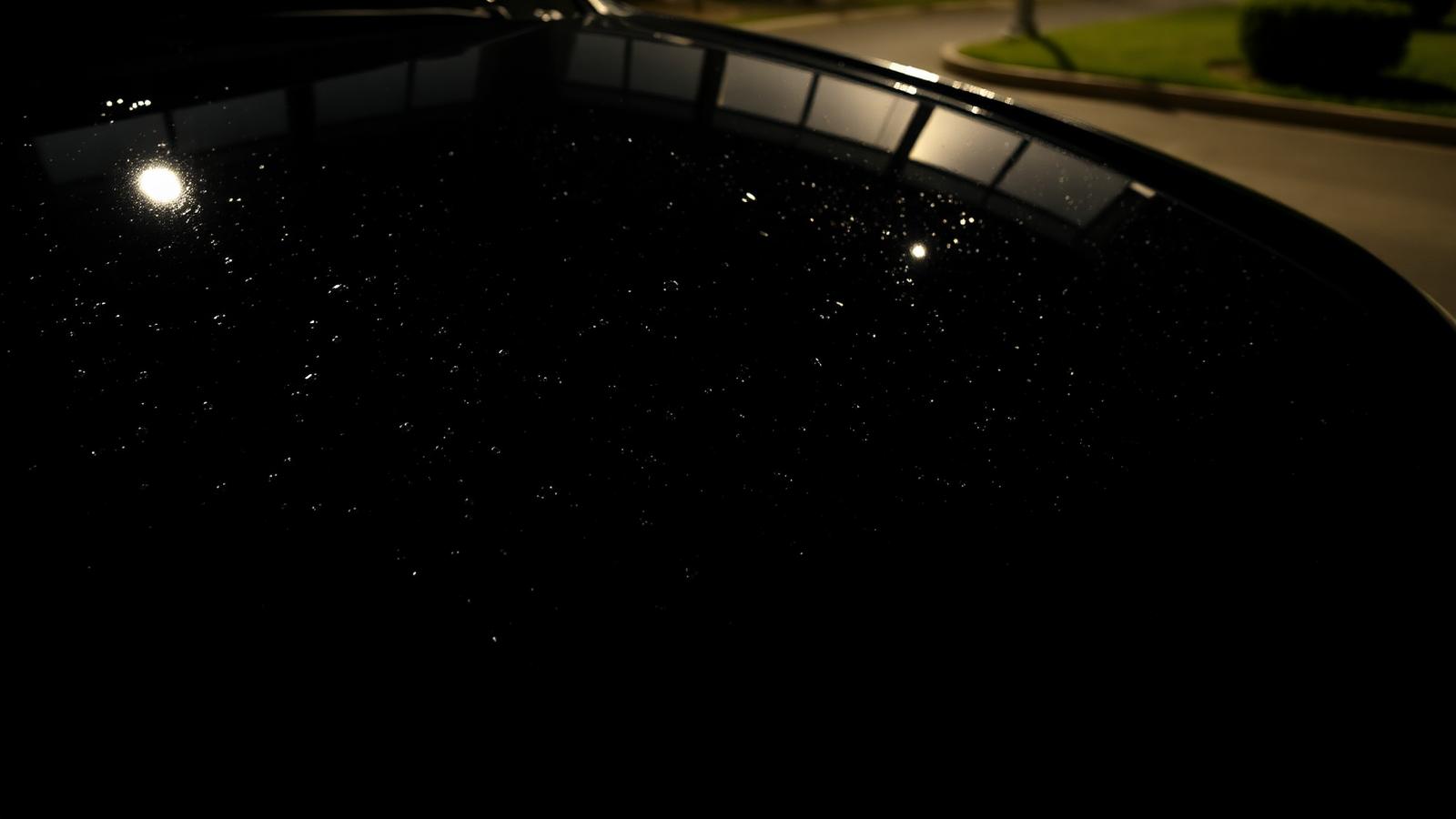 Freshly detailed car paint beading water in a driveway